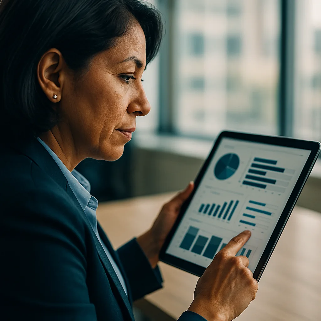 Directora de RRHH revisando el panel de reportes de avance en una tablet